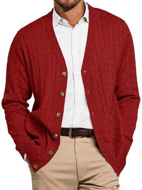 🆕Men's Dark Red Chunky Knit Cardigan Sweater V Neck Button Up With Pockets